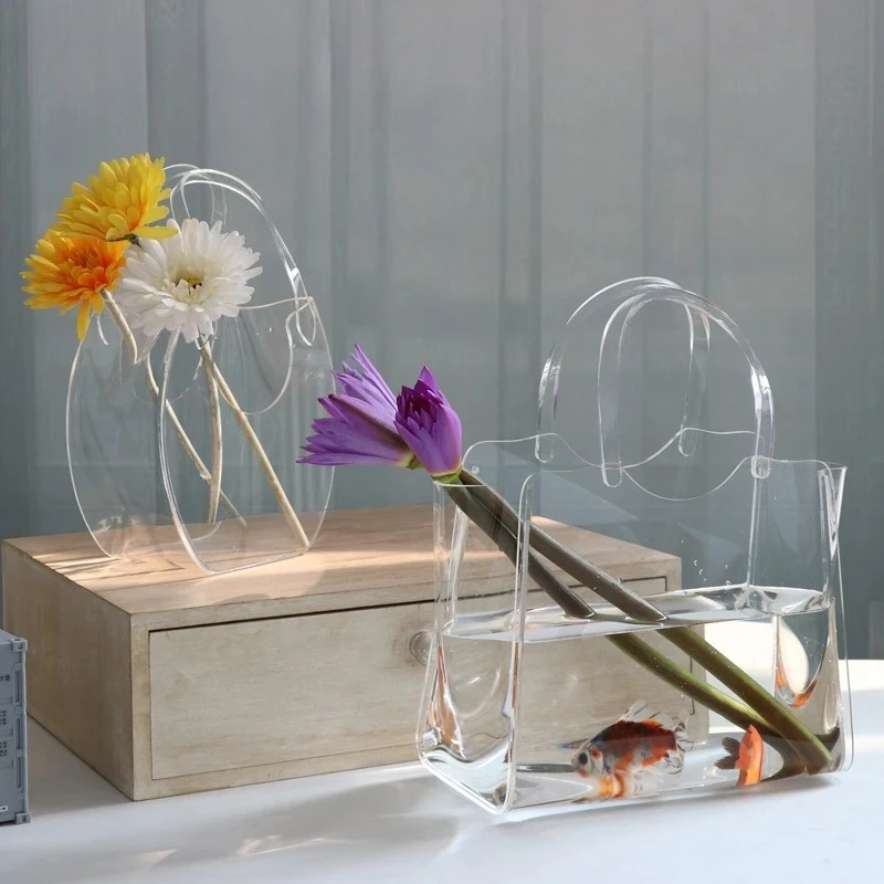 Northern Europe Acrylic Bag Vase Transparent Bags Shopping Basket Desktop Small Fish Tank Flower Pots Fashion Street Shot Props