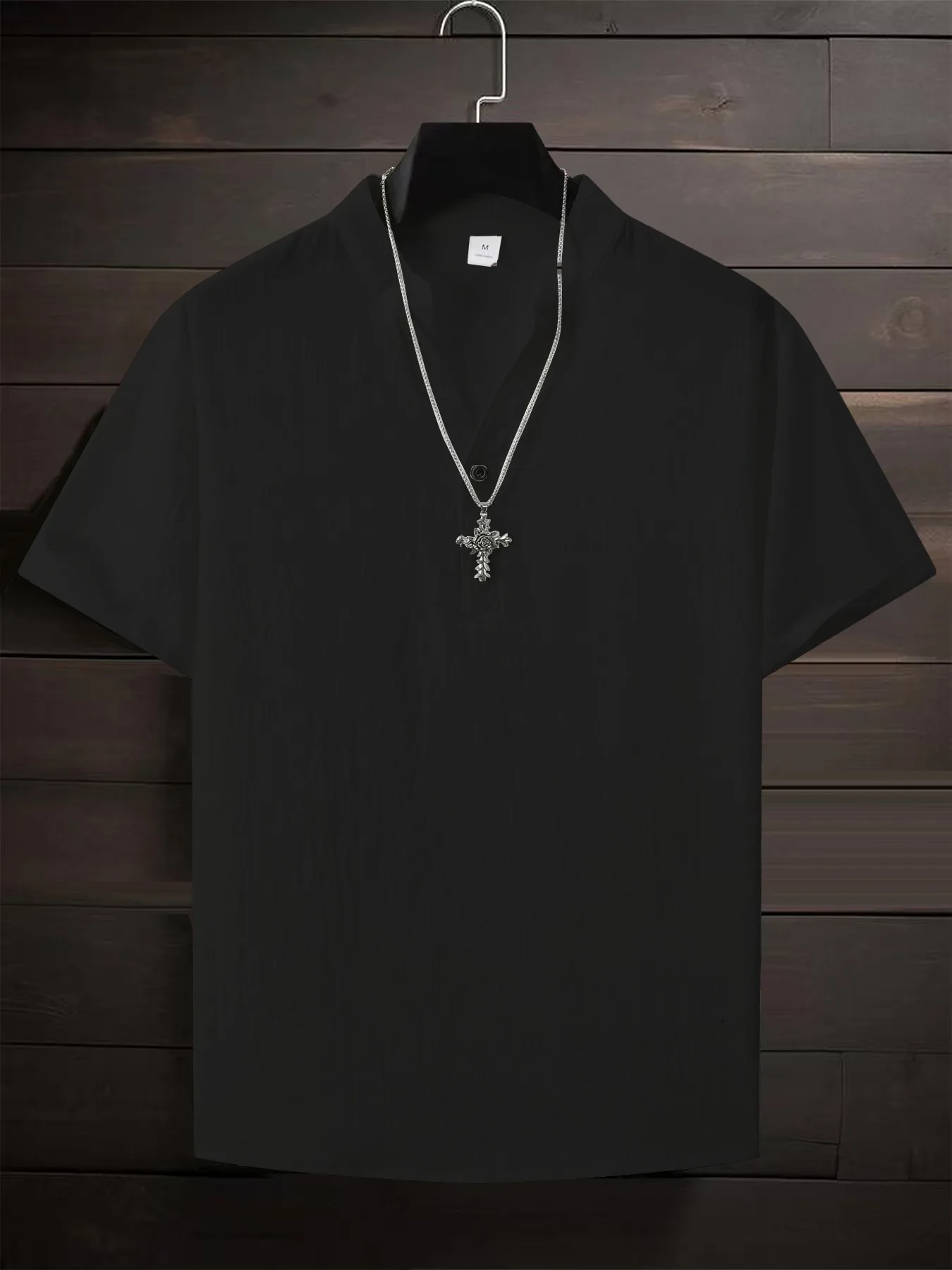 2025 Summer New Design for European Men's Pure Color Casual Standing Collar Half-Closed Buttoned Cotton Men's Short-Sleeved Shir