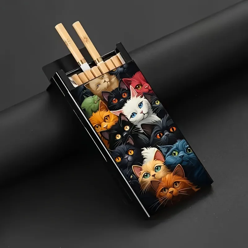 Stylish Aluminum Cigarette Case With Cartoon Cat Design,puffs vaping,Vape,Perfect Gift For Men&Women