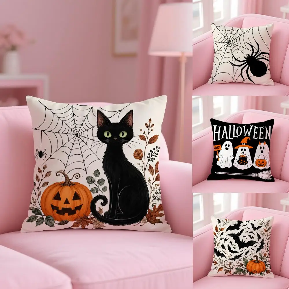 Halloween Bat Spider Cushion Cover Soft Short Plush Double-Sided Printing Home Decor Machine Washable Pillow Case Gift