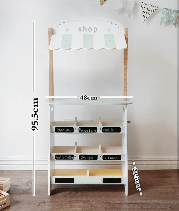 Tienda de comestibles, juego de simulación de juguete de madera, estante para frutas, estante de mercado de estilo Natural, juego de comida con caja registradora