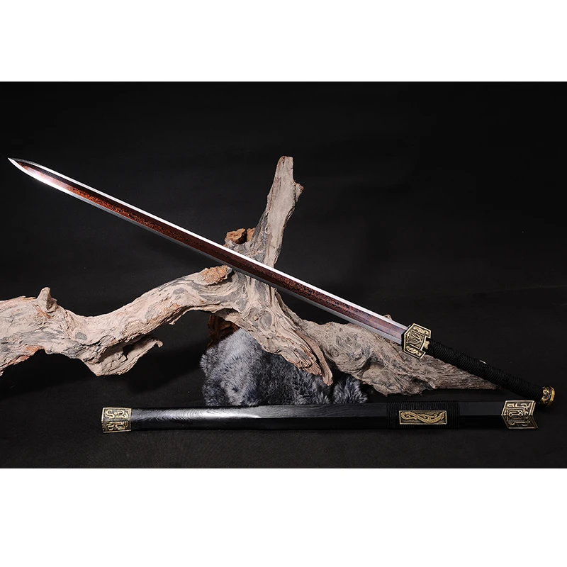 Real Chinese Sword for Home Decoration, Forged Damascus, Folded Steel Black Blade,Diamond Shape, Rose Wood Sheath