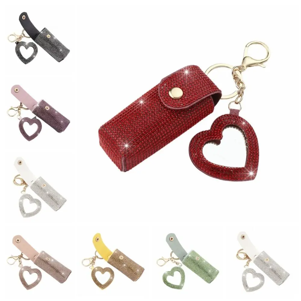 Portable Lipstick Organizer Keychain Exquisite Bling Rhinestone Rhinestone Lipstick Case with Makeup Mirror Fashion