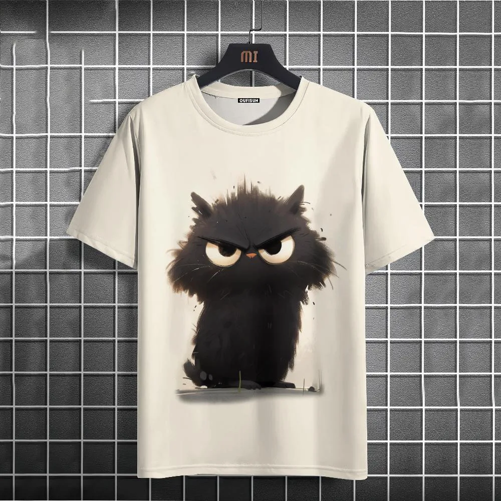 Casual T-Shirt For Men Funny Animal Black Cat Short Sleeve Tee Summer Oversized Streetwear Hip Hop Sweatshirt Men\'s Clothing Top