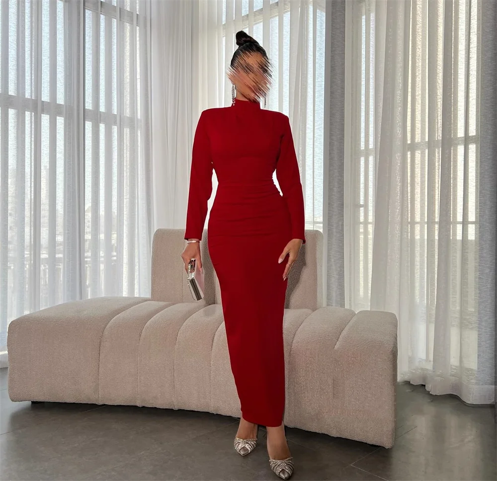 Simple High Quality Jersey Pleat Button Sheath High Collar Midi Dresses Homecoming Dresses Matching Fashion Formal Pastrol