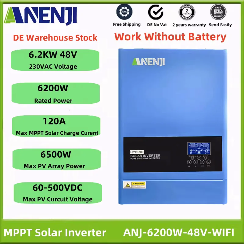 6.2KW 48V Hybrid Solar Inverter Pure Sine Wave 230VAC Off Grid Inverter PV 60-500VDC Built-in 120A MPPT Solar Charge Controller