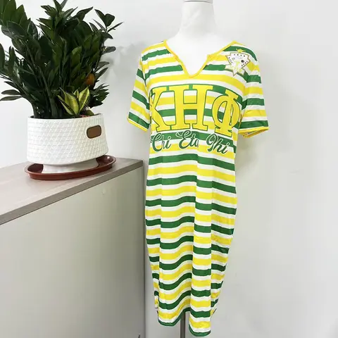 CHI ETA PHI धारीदार प्रतिष्ठित लोगो पीले हरे रंग की पोशाक 8 best sales हरा गाउन - №1