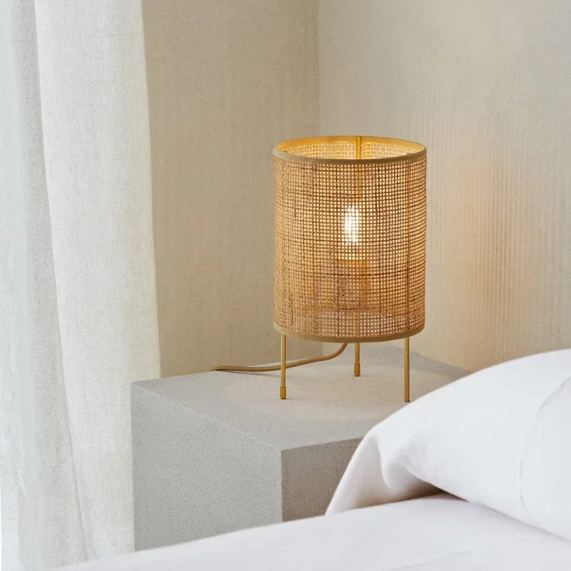 New Japanese-style log wind rattan art hand-woven bedroom bed and breakfast living room study simple cylindrical decorative desk