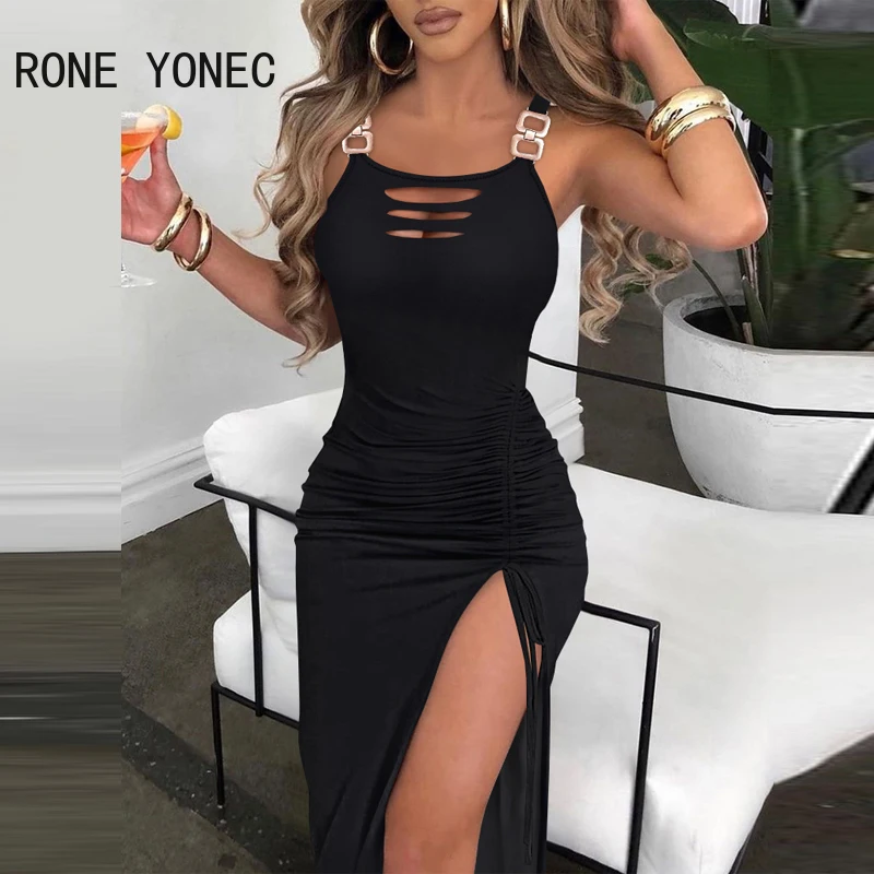 Women Solid Sexy Thick Straps Bodycon Shirring High Silt Maxi Sexy Knitting Hole Decoration Dresses