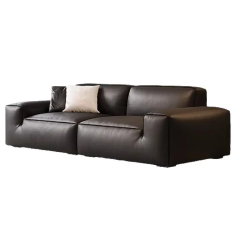 

Big black cow leather sofa living room Italian minimalist straight row black tofu blocks
