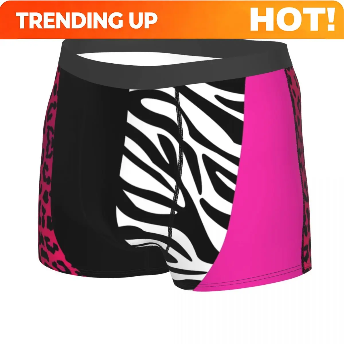 Custom Hot Pink Zebra And Leopard Animal Print Stripes Underwear Men Stretch Boxer Briefs