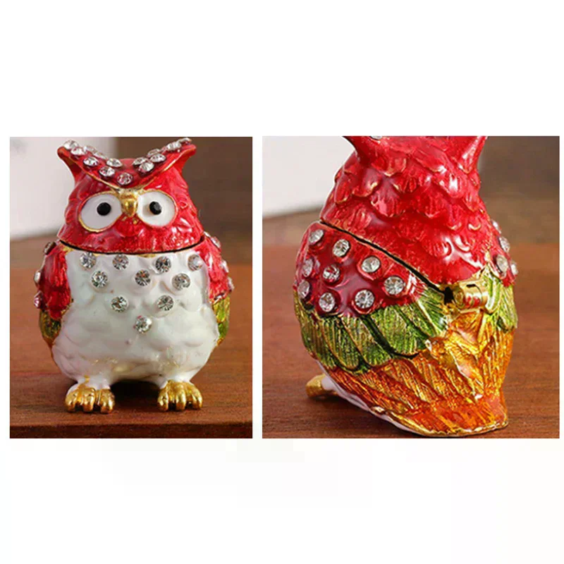 1 قطعة صندوق مجوهرات على شكل بومة من حجر الراين الملون ، صندوق صغير من المينا ، صندوق تخزين رائع لسطح المكتب لتخزين المجوهرات