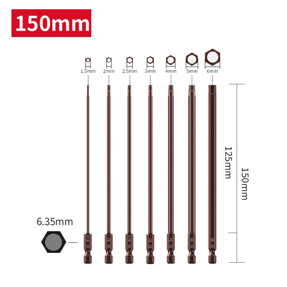 7pcs Hexagon Screwdriver Bits Electric Screwdriver Bits Set 150mm Extended Hex Screwdriver Head H1.5 H2.0 H2.5 H3.0 H4.0 H5.0 H6