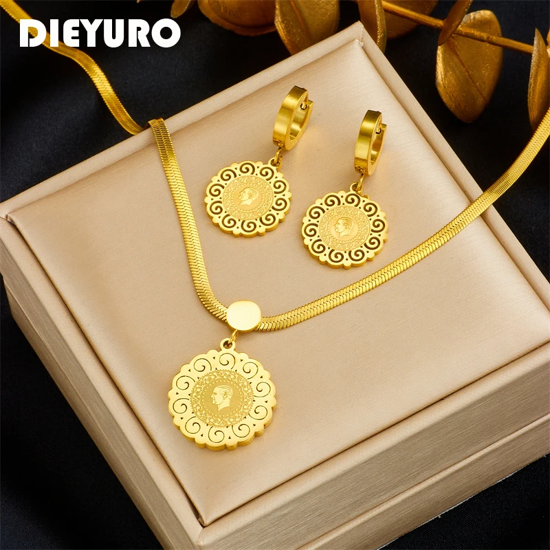 DIEYURO 316L Stainless Steel Gold Color Portrait pendant Necklace Earrings For Women Girl Fashion Jewelry Set Lady Holiday Gift