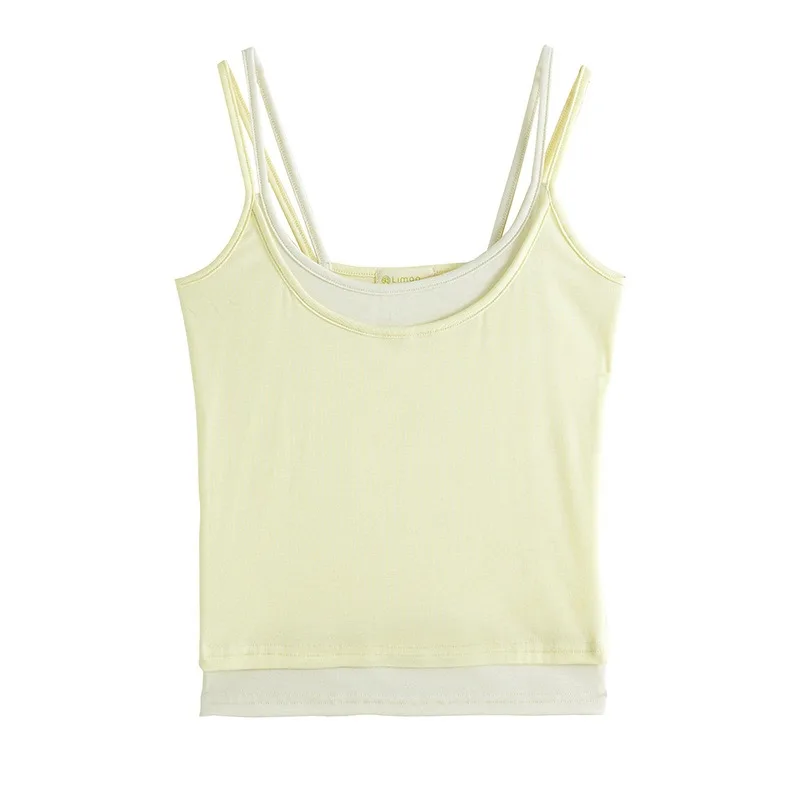 フェイクツーピースデザイン、対照的なカラーキャミソールベスト、女性の夏の新しいスタイル、スタイリッシュでファッショナブルです。