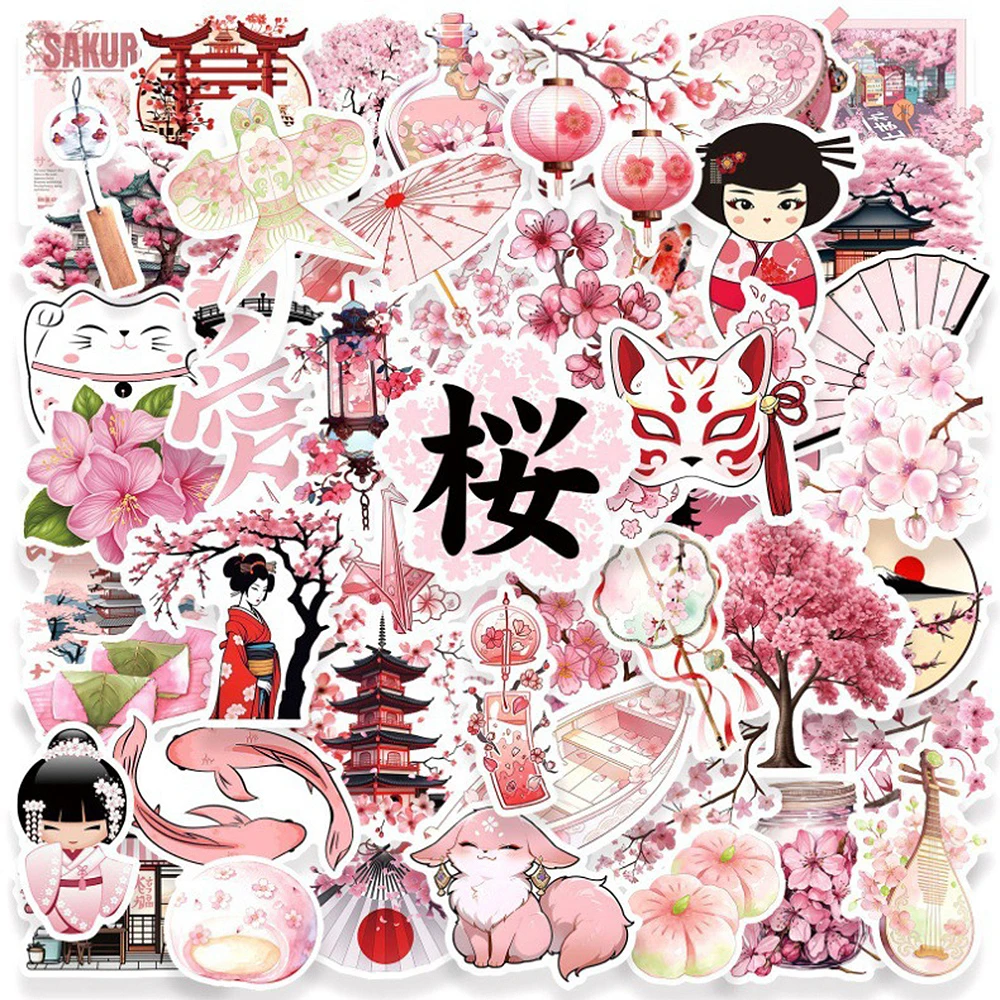 10/30/50 Stück Cartoon Rosa Japanische Sakura Aufkleber Anime Kirschblüten Graffiti-Sticker für Koffer, Handy, Notizbuch, Ästhetische Aufkleber