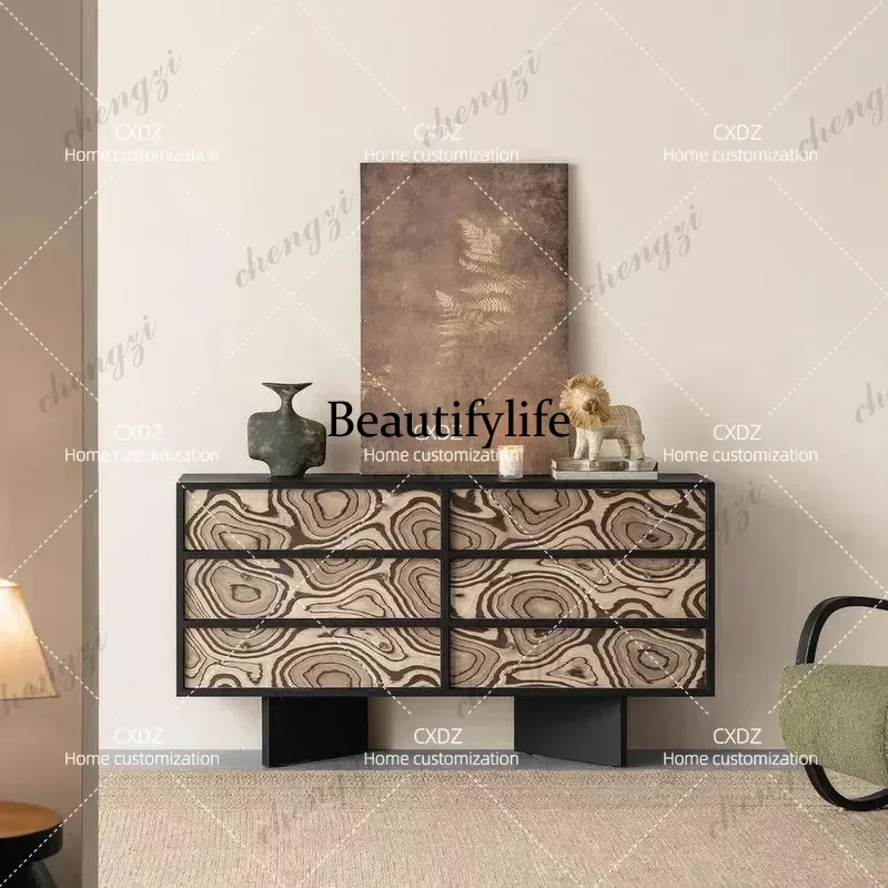 CQY Medieval Style Six Bucket Cabinet Living Room Side Table Bedroom Storage Unit Black Art Tree Bark Design Solid Wood Locker