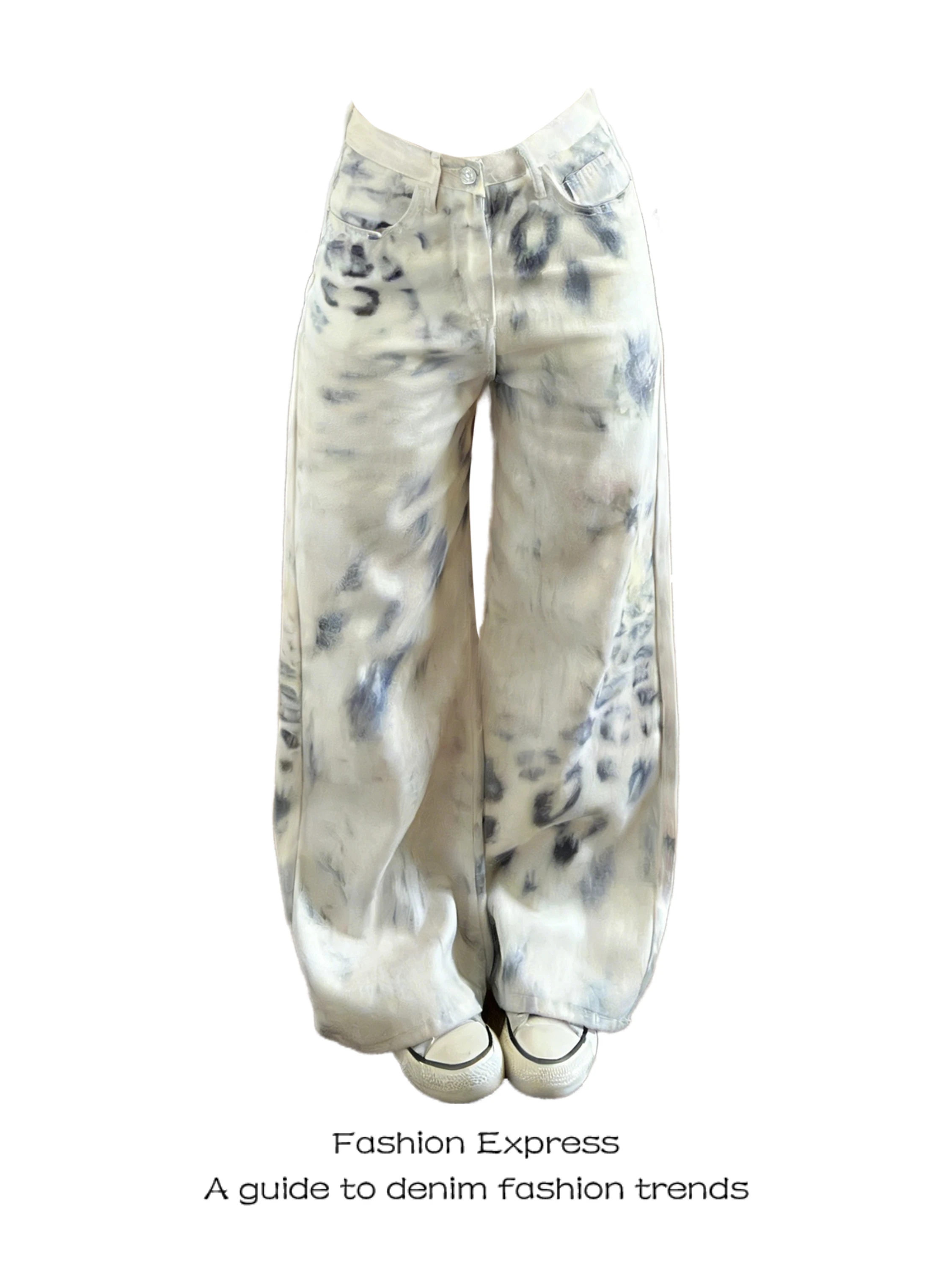 

White Leopard Print Jeans Women's Loose Straight Leg Wide Leg Pants American Dyed High Waist Denim Trousers for Spring Autumn