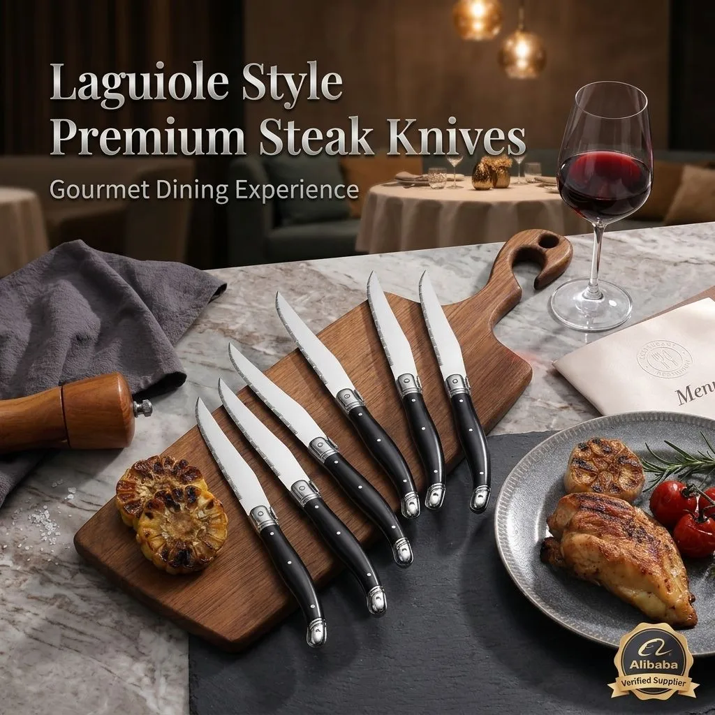 9'' Laguiole Steak Knives Set Serrated Triple Rivet Ergonomic Handle Stainless Steel Black Steel Dinner Table Knife 1/4/6/8 Pcs