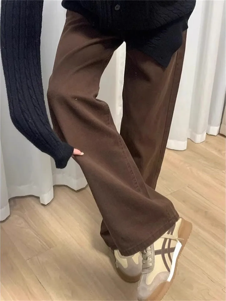 plus Size Fce Lined Brown Denim High Waist Loose Straight Leg Jeans Women's Winter Comfortable Slimming Wide Leg Trousers