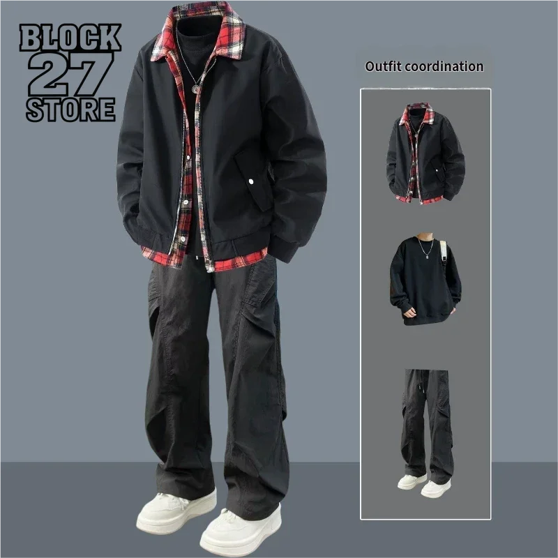 

Mens Jacket Set Harajuku Streetwear Spring Autumn Trendy Cool Outfit Loose Fit High End Casual Matching Set Unisex Fashion Trend
