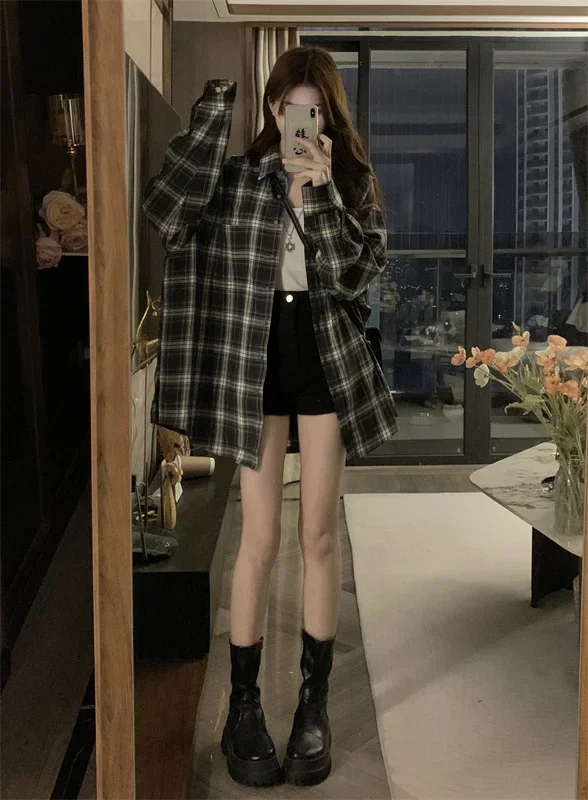 Idle Sle Retro Plaid Polo Collar Long sleeve Shirts Women clothes Autumn New Casual All-matching Loose Top Outerwear y2k ins emo