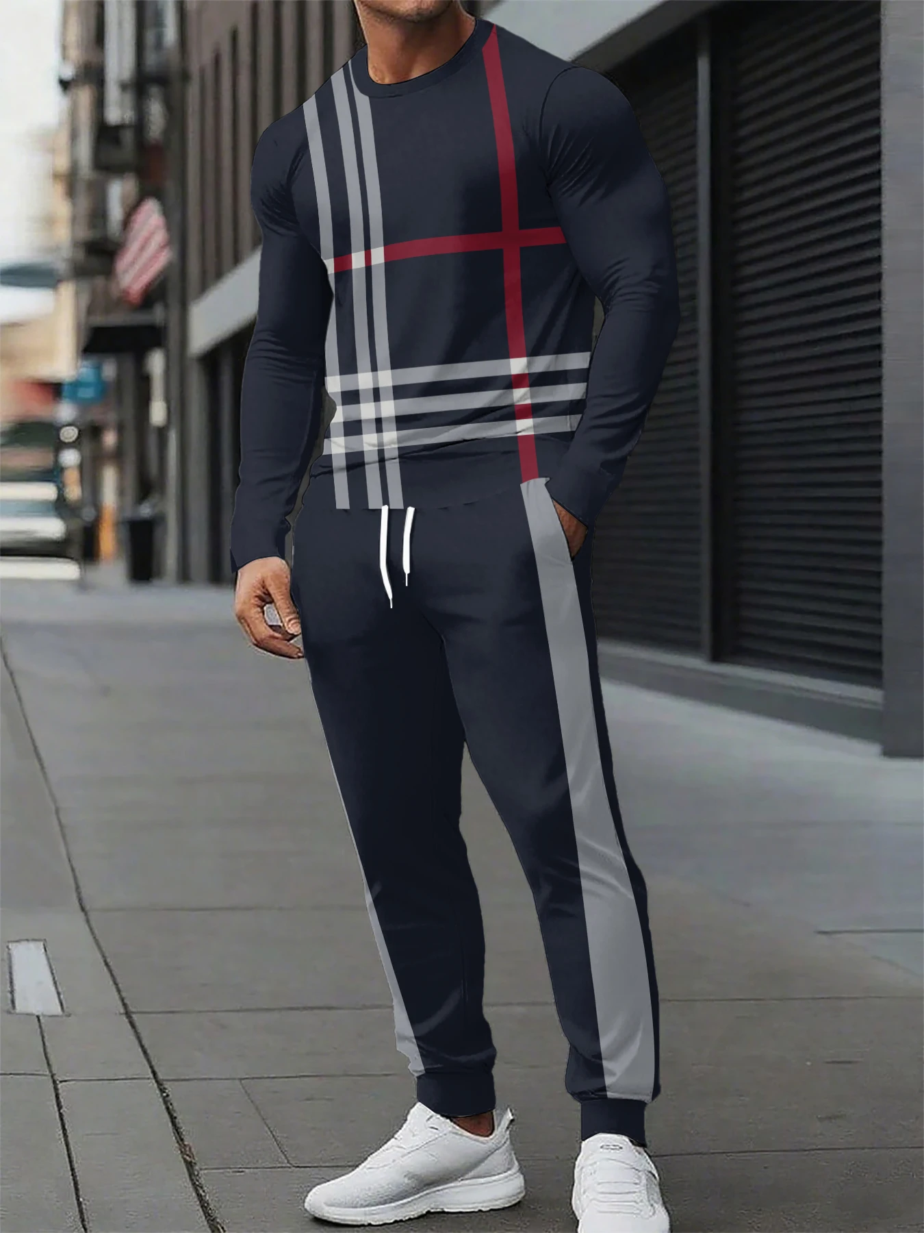 

Spring And Fall Men's Long Sleeve Pant 2pcs Sets And Blue Striped Print Man Set Everyday Fashion Men Long Sleeved T-shirt