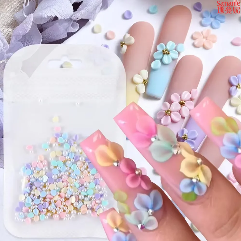 250pcs Macaron 3D Nail Art Charm Acrylic Petals Mixed with White Silvery Beads & Golden Beads Nail Decor for DIY Valentine's Day