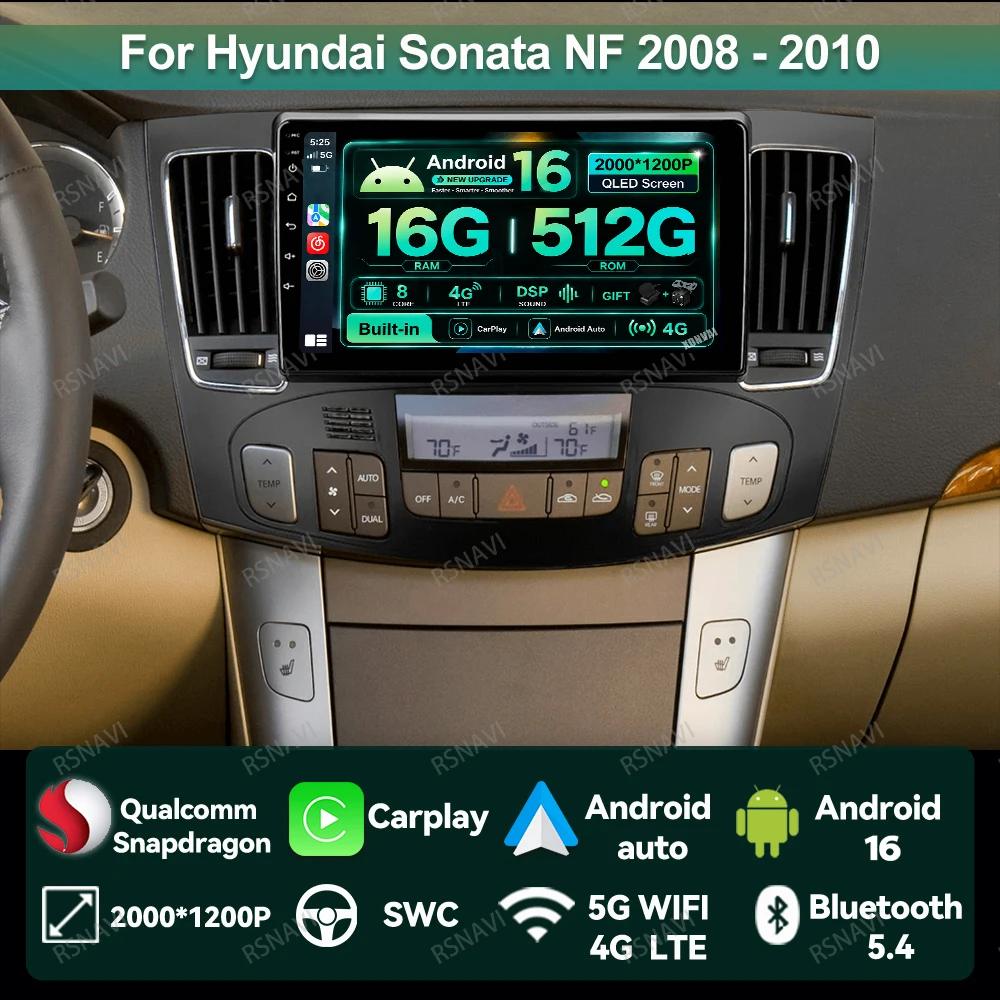 Radio para Auto Android 16 para Hyundai Sonata NF 2008 - 2010, Sistema IPS, Reproductor de Video, 9/10 Pulgadas, BT, WIFI+4G, Navegación Inalámbrica, RDS, DSP