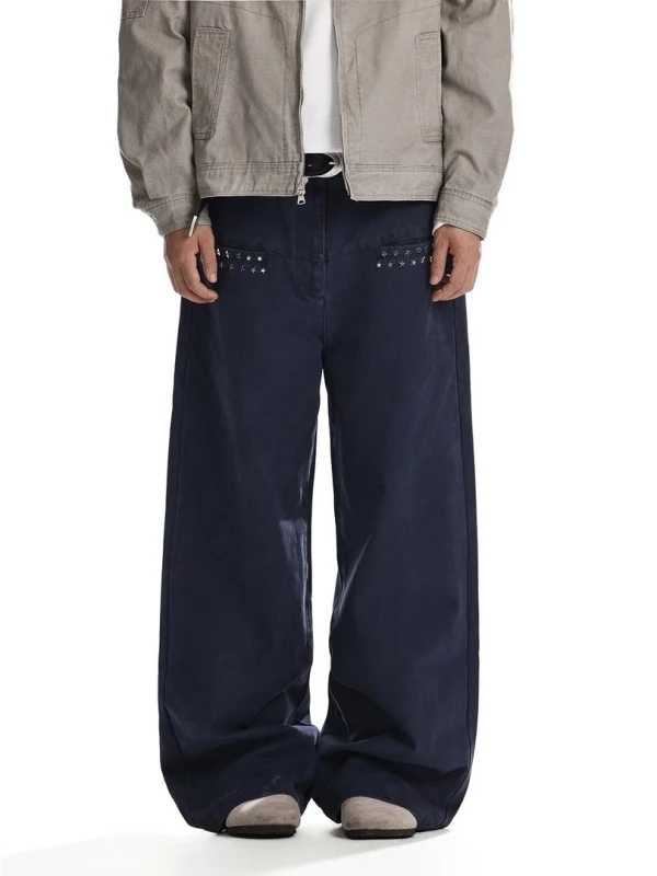 Calças Jeans Retrô Americanas Azuis com Decoração de Rebites, Unissex, Corte Reto Solto, Versátil, Lavado, Perna Larga, Casual