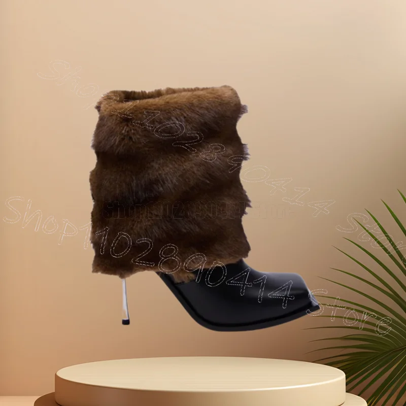 حذاء بكعب معدني بتصميم مخطط من الفرو البني سهل الارتداء حذاء نسائي بكعب عالي رفيع مثير موضة مأدبة الحفلات 2025 Zapatos Para Mujere #2