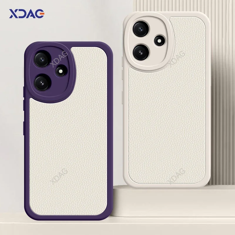 Luxury Lamb Skin Leather Phone Case for Xiaomi PocoM6 Poco M6 Pro 5G Lens Protection Litchi Texture Soft Back Cover Housing Girl