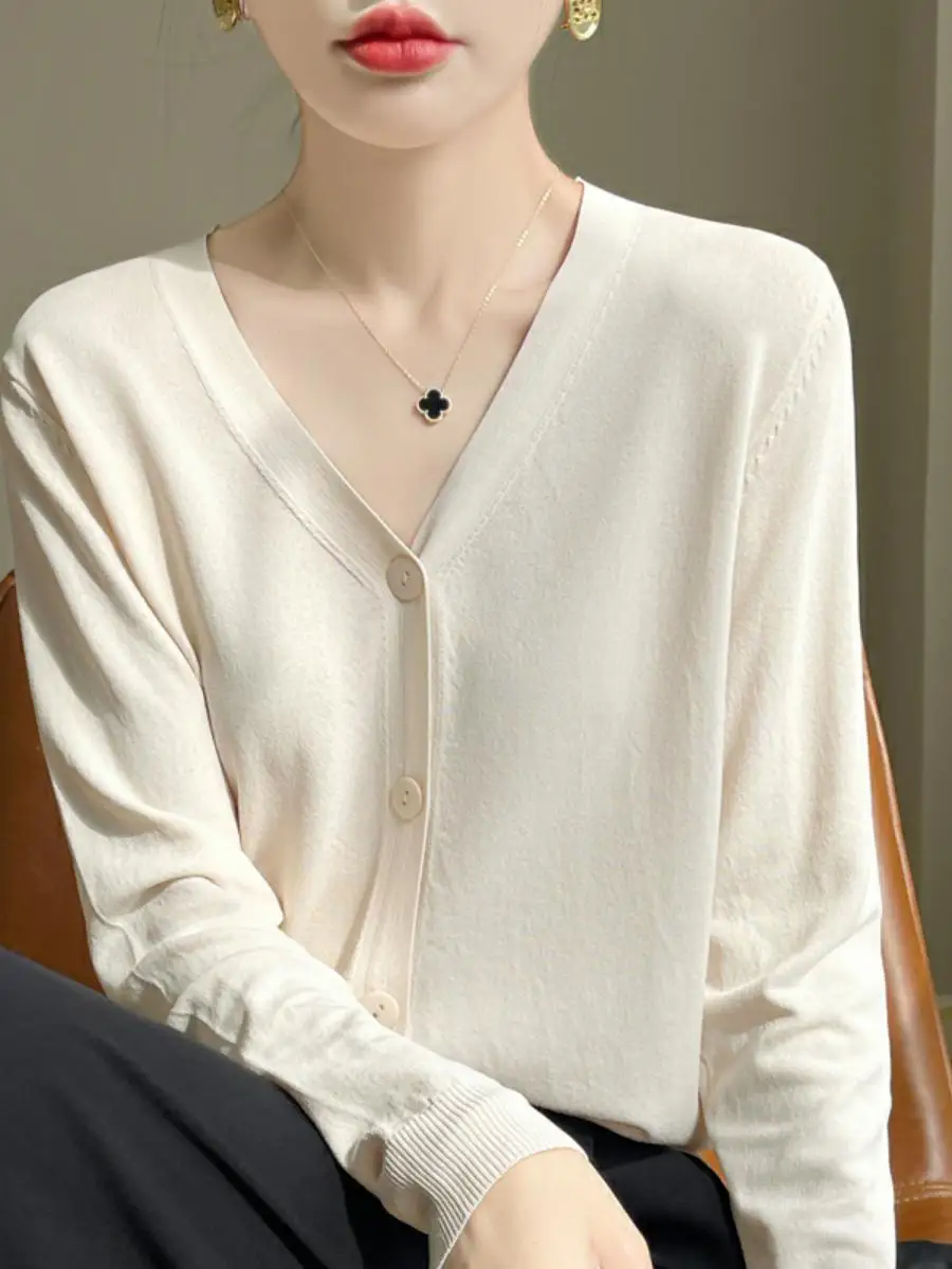 

Вязаный открытый кардиган из ледяного шелка, тонкая женская верхняя одежда с юбкой на бретелях, свободный солнцезащитный топ с v-образным вырезом, летнее новое поступление