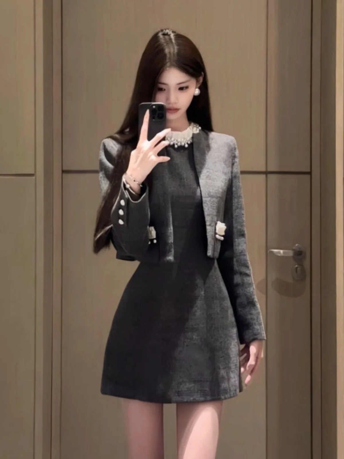 

Chic Korean Style Two-Piece Set Coat And Dress Spring Fashion 2026 Comfortable Cotton Short Sleeve round Neck Open Cardigan