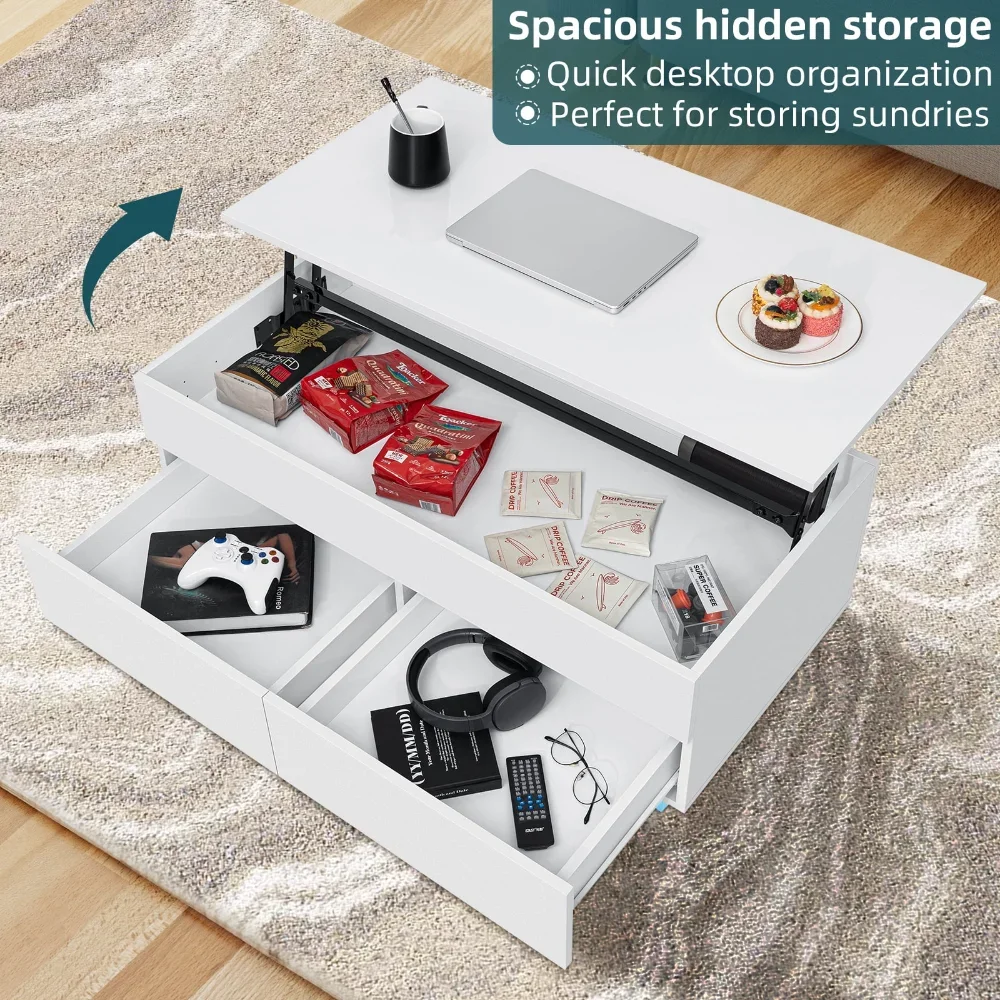 LED Lift Top Coffee Table with Storage Modern Coffee Tables for Living Room Rectangle High Gloss Center Table with 2 Drawers