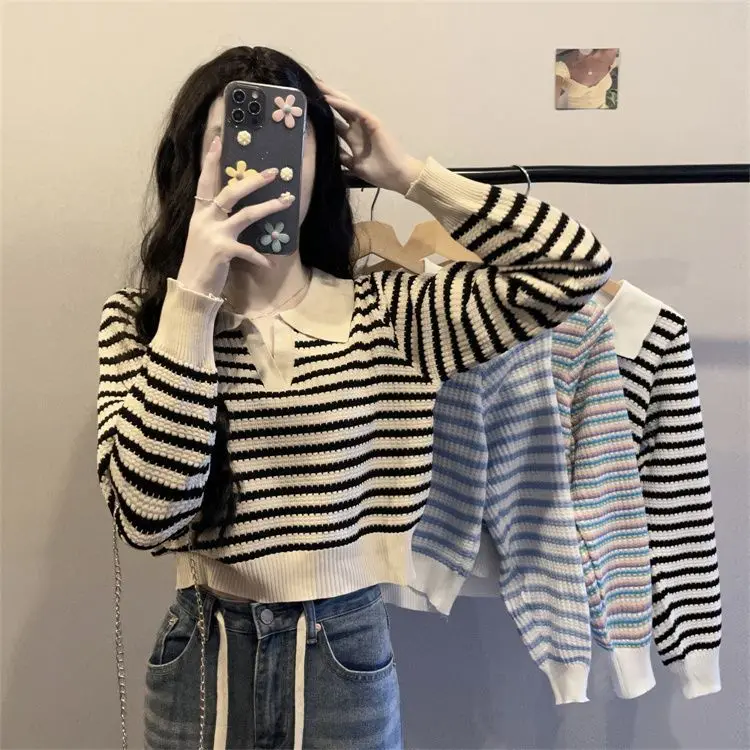 

2023 Women Spring Autumn New Contrast Color Striped Pullovers Female Long Sleeve Knit Tops Ladies Short Sweaters Tops U409