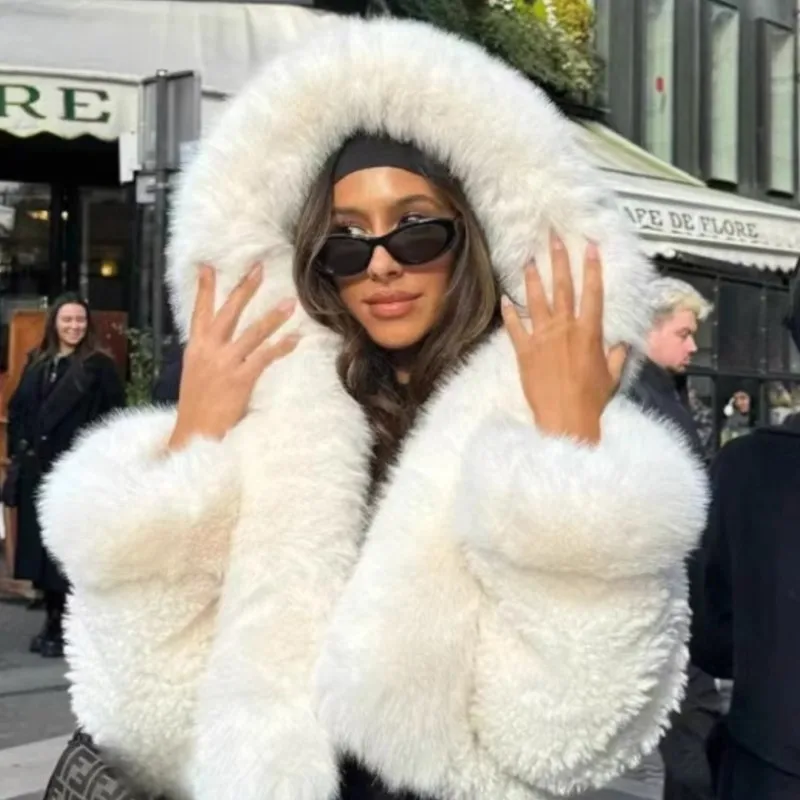 

2025 Women Short Hooded Faux Fur Coat Korean Style with Fur Wool Blend Winter Outwear High-waisted Faux Fur Fluffy Coats Tops