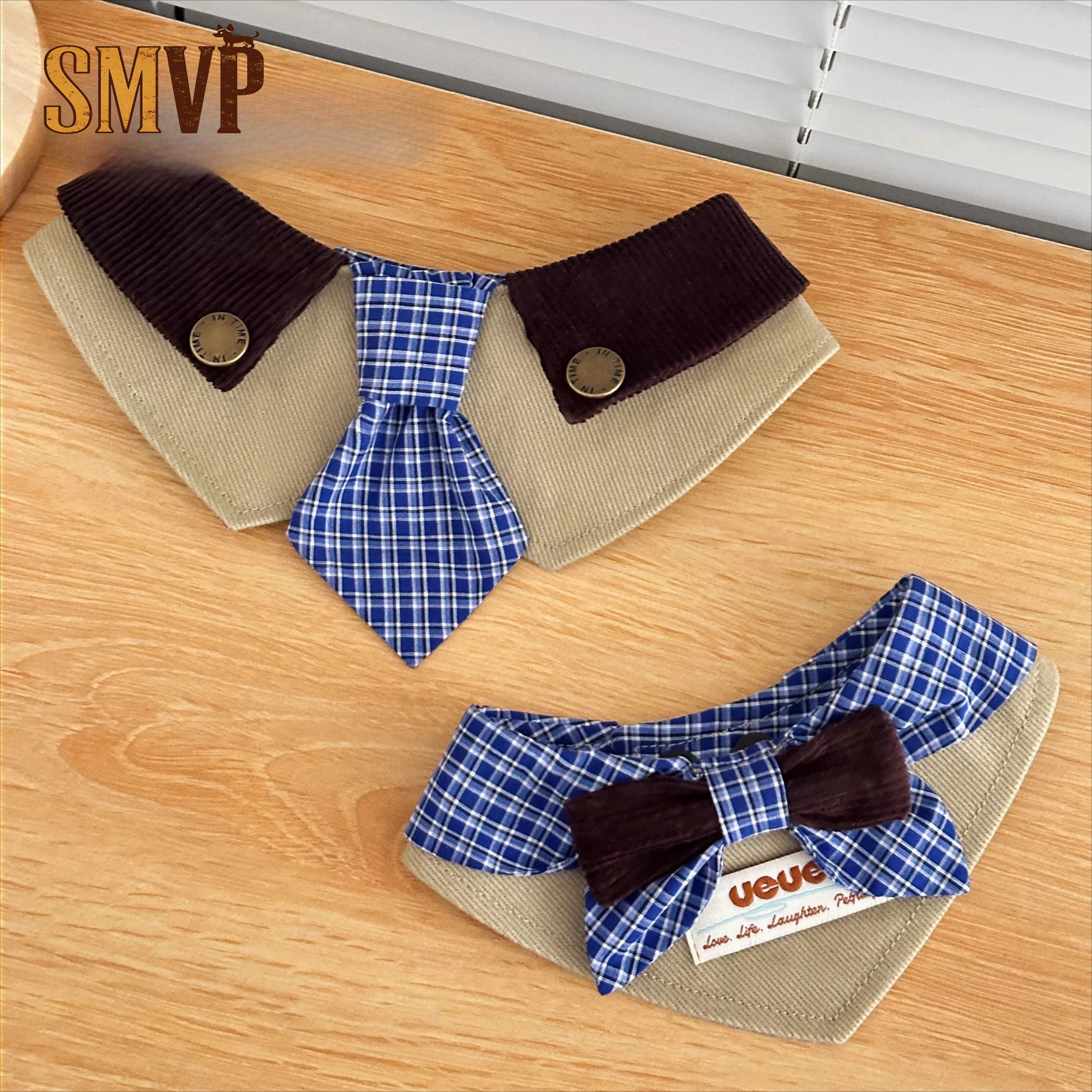 

Original Design Workwear Style Blue Plaid Retro Cute with Bow Tie Tie Pet Kitten Puppy Bib Decoration Gentleman Little Dog