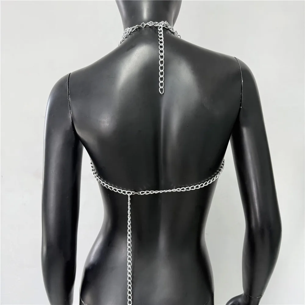 섹시한 백리스 홀터넥 시스루 캐미솔 여름 여성 메탈 체인 태슬 탱크탑 레이브 페스티벌 파티 크롭탑