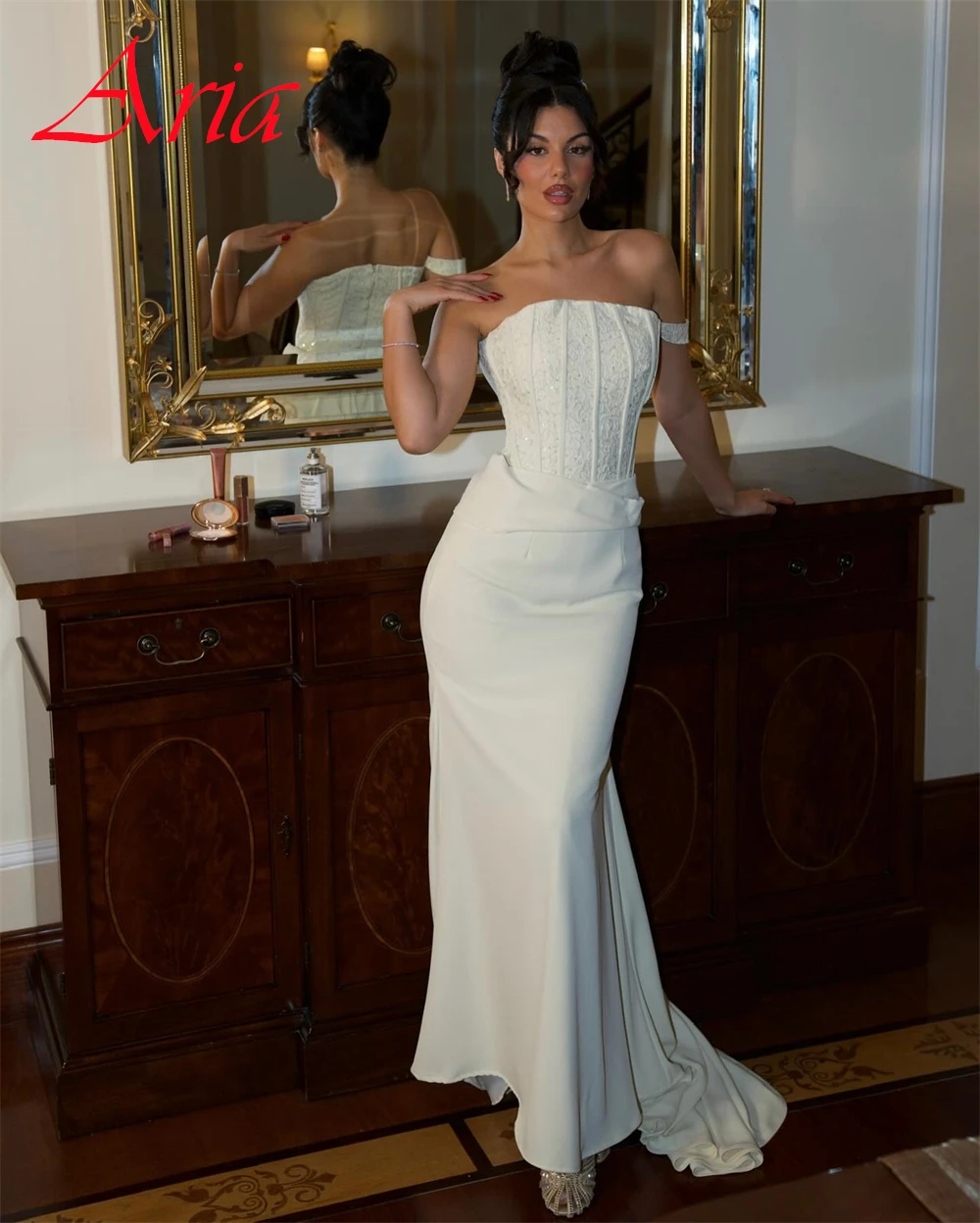

Customized Exquisite Jersey Strapless Evening Dress Simple Mermaid Prom Dresses Sparkly Court Train Special Occasion Gowns