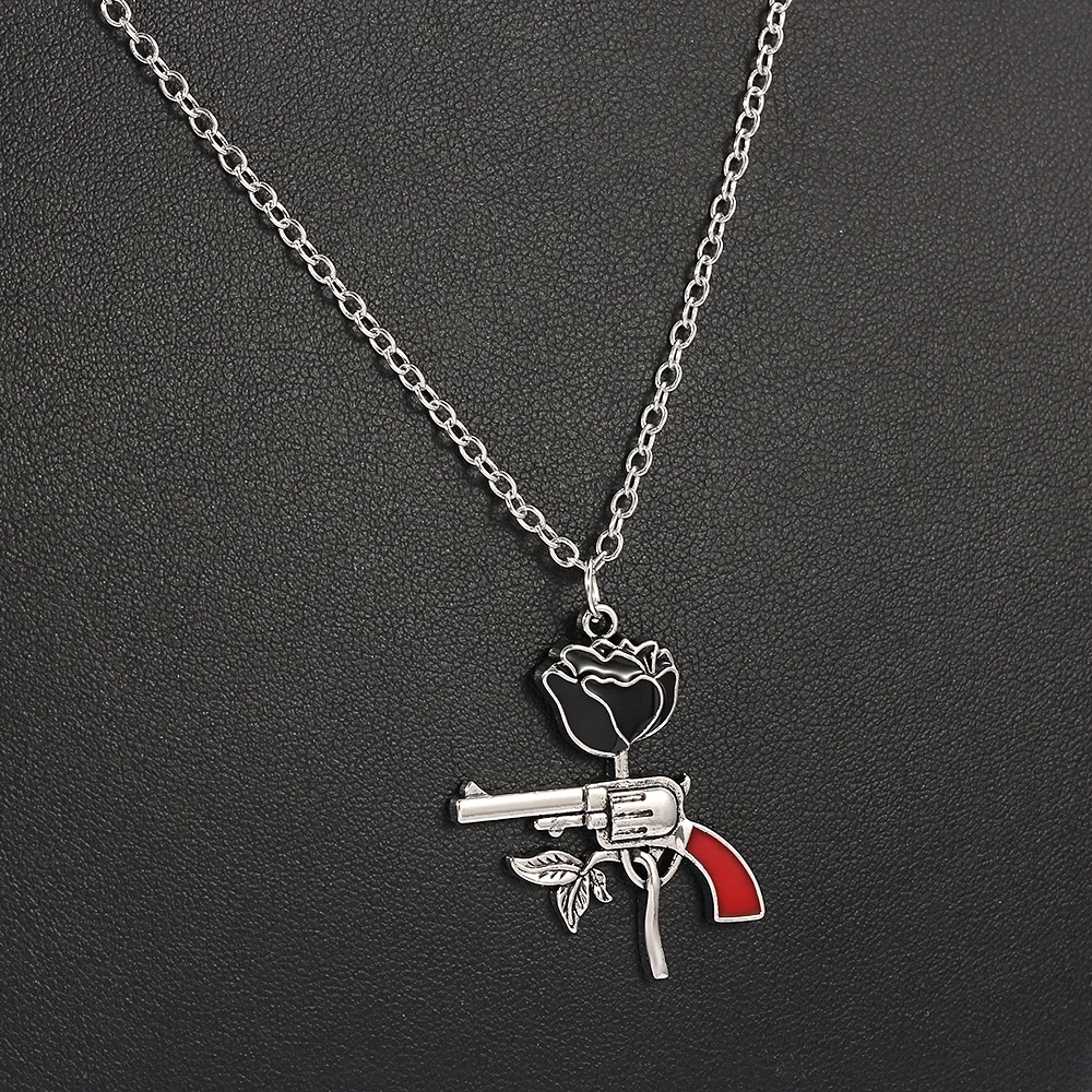 Vintage Gothic Y2K Necklace Black Rose Revolver Pistol Pendant Neck Chain Punk Hip‑Hop Fashion Accessories for Men Women Gift