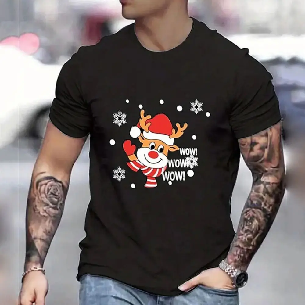 

Cartoon Christmas Elk Printed Men's T Shirt Casual O-neck Short Sleeve Tops New Year Party X'mas Clothing Fashion Loose Men Tees