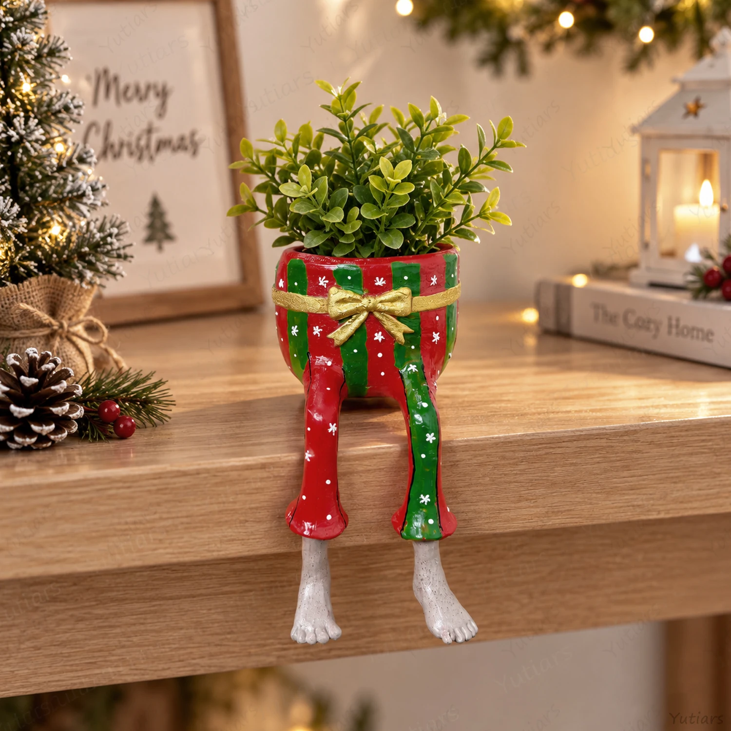 Christmas Planter Pot with Dangling Legs, Red Green Striped Tabletop Flowerpot for Succulents, Holiday Home Office Desk Decor