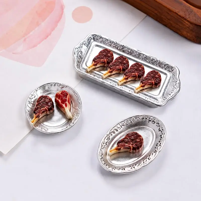 10Pcs Mini Simulated Steak Model Set Vintage Silver Tone Serving Trays Dollhouse Kitchen Decor For Diorama Handmade Craft Projec