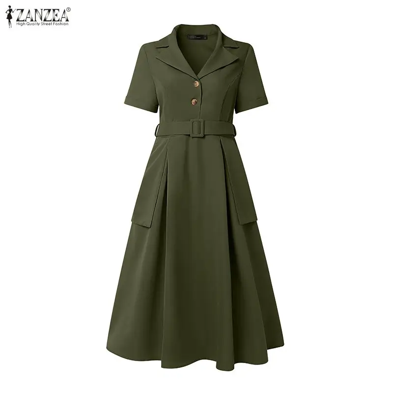 

Women's Elegant Fit and Flare Swing Midi Dresses ZANZEA Fashion Lapel Neck Short Sleeve A-Line Dress with Princess Seam and Belt