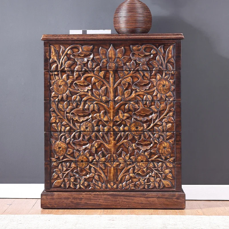 New Chinese solid wood carved chest of drawers Thai bedroom storage storage cabinet South East Asia living room storage cabinet