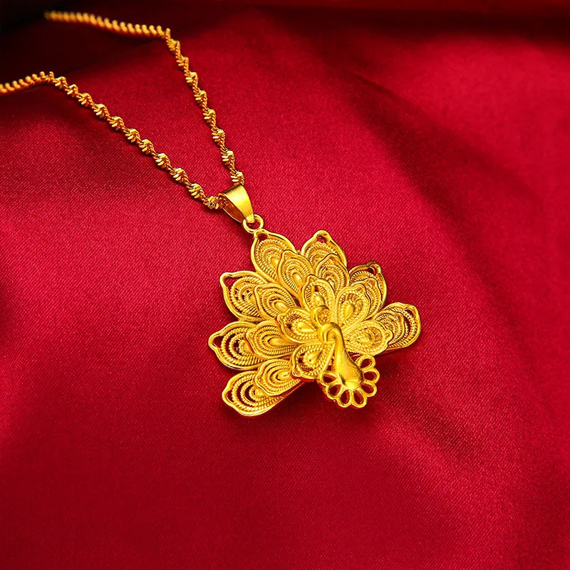 Luxury 24K 9999 Pure Gold real gold Peacock Open Screen Hollow Pendant Ethnic Style Clavicle Chain Women Necklace
