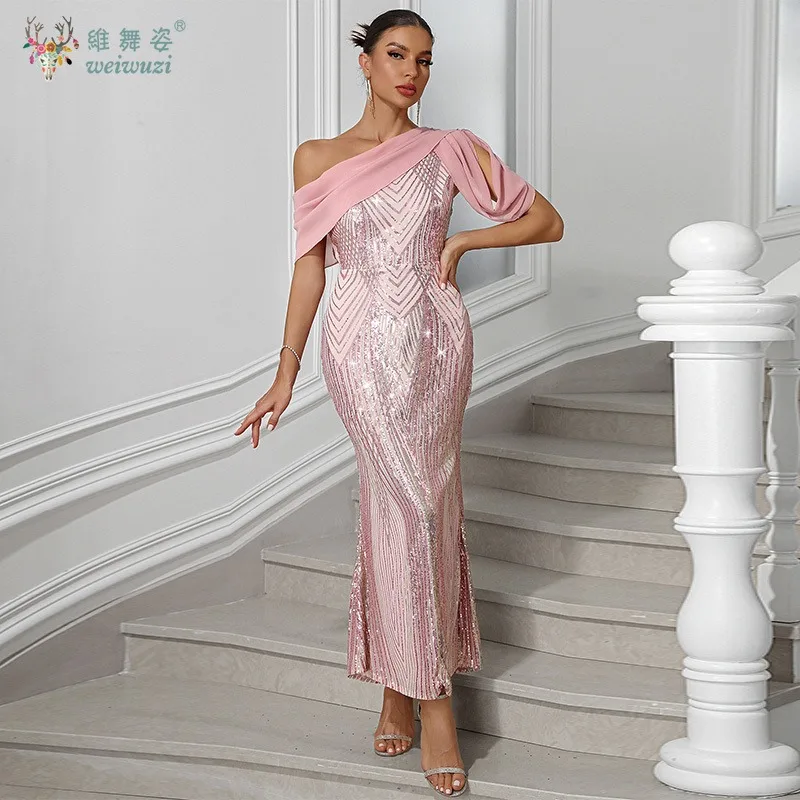 

Single Shoulder Chiffon Patchwork Sequin Long Dress Party Evening Gown Temperament Waist Cinching Slim Mermaid Evening Dresses