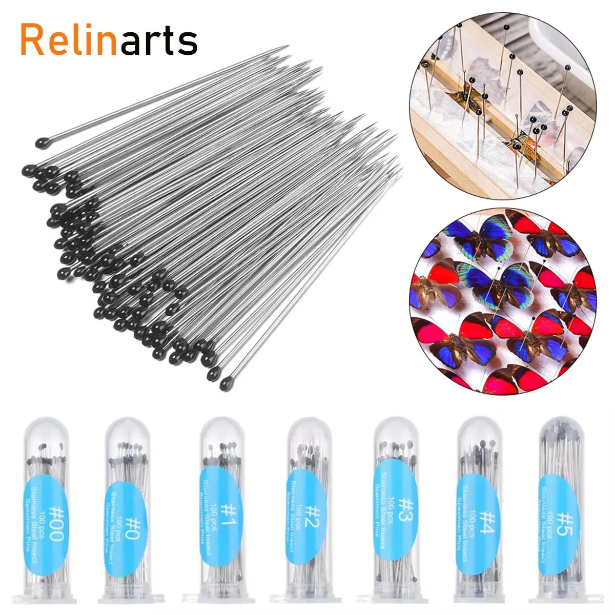 100Pcs Stainless Steel Insect Specimen Pins Entomology Dissection Needles 00#-5# for Lab School Biology Teaching Sample Mounting