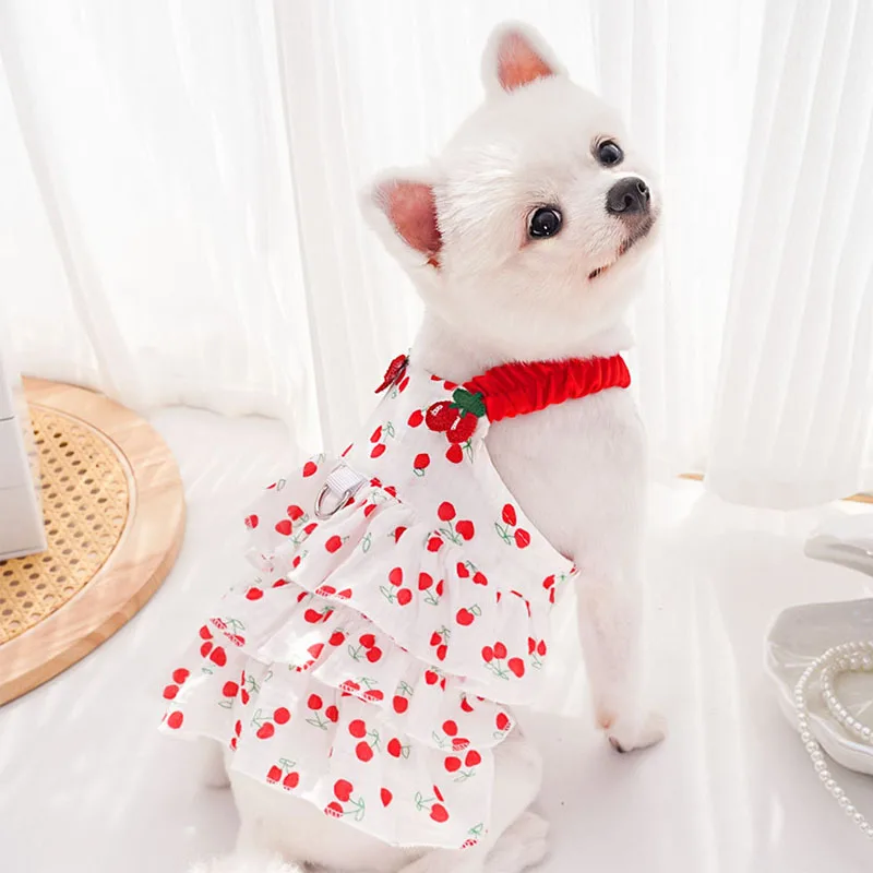 

Sweet Dog Clothes Summer Cherry Pattern Sling Hoodie Dress For Girls Pet Clothing Puppy Dresses For Small Dogs Chiwawa Poodle XS